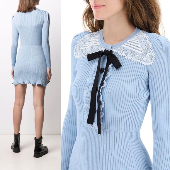 NWT Self- Portrait Light Blue Collar Lace Dress with Bow and Ruffle, Ribbed 38 - Picture 2 of 5